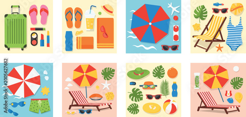 Schilderij op canvas Summer Beach Vacation Flat Lay Set with Umbrellas Deck Chairs Swimwear Accessori