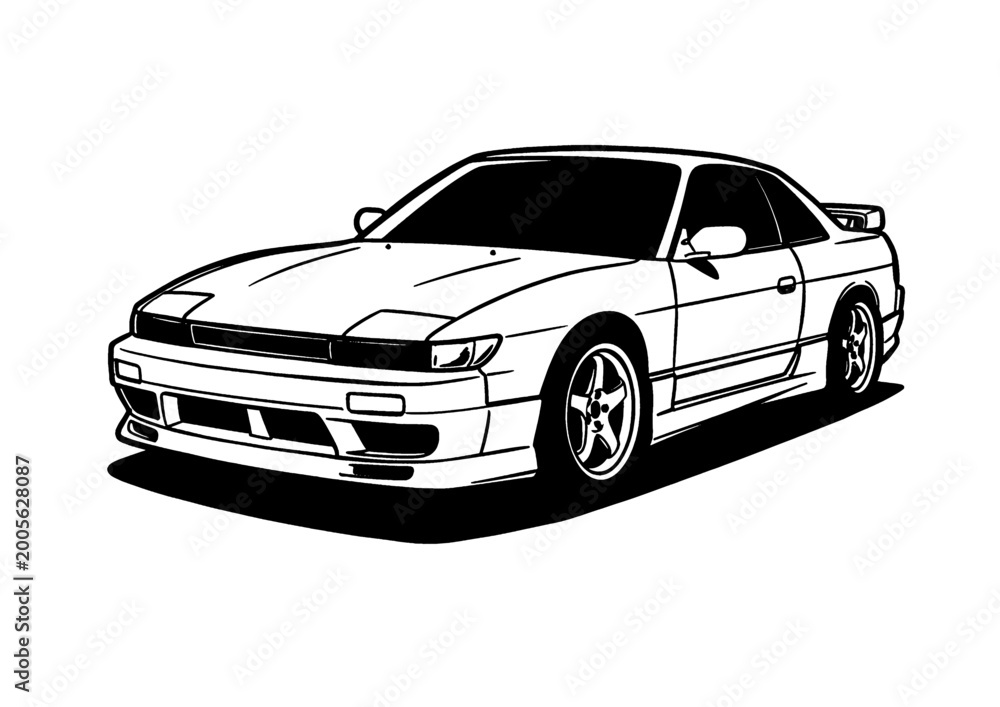 Naklejka premium Japanese classic sports car line art illustration. JDM drift culture coupe vector style. 90s automotive graphic design on white background.
