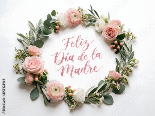 Soft floral wreath feliz dia de la madre minimal greeting design