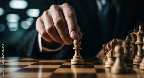 Strategic move on a chessboard, a person planning their next step in a game of chess.