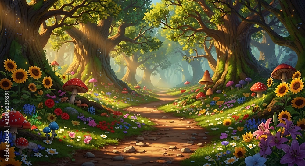 Fototapeta premium Mystical garden path surrounded by flowers and trees