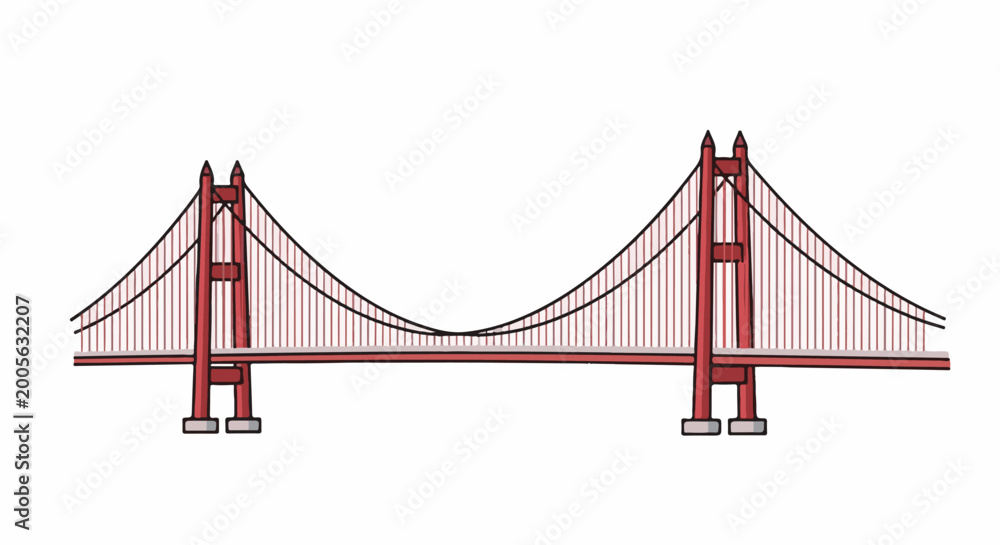 Fototapeta premium Stylized red suspension bridge with two towers and cables