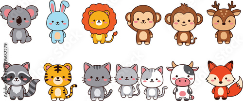 Canvas Print Cute Animal Character Set with Koala, Lion, Monkey, Rabbit, Fox, Tiger, and More