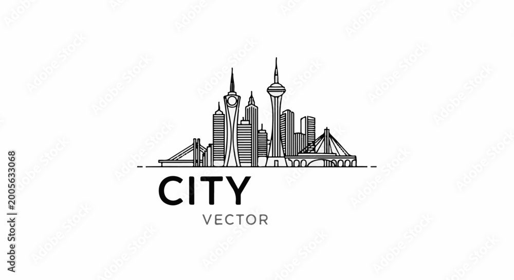Fototapeta premium Stylized outline of a cityscape with skyscrapers and bridges