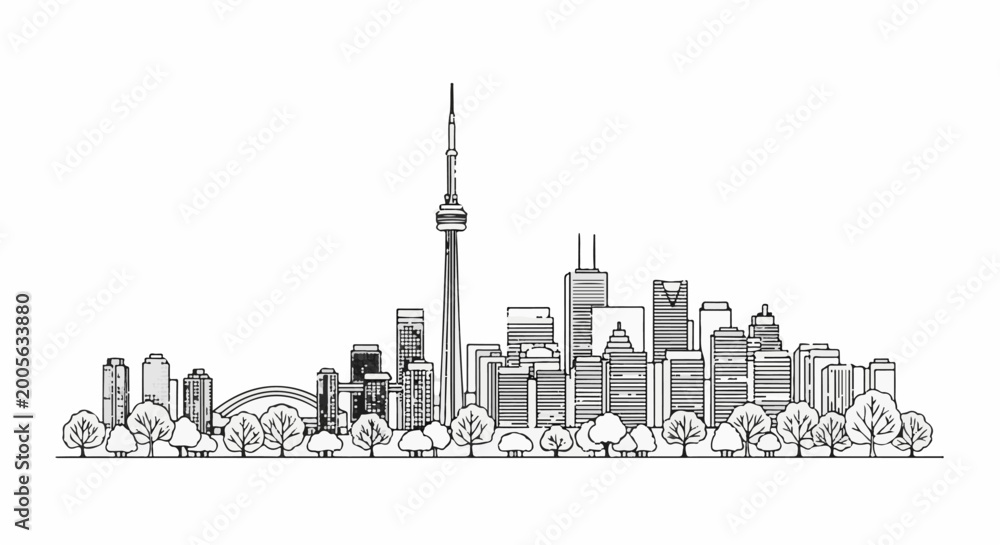 Fototapeta premium Stylized outline drawing of a city skyline with a prominent tower and trees