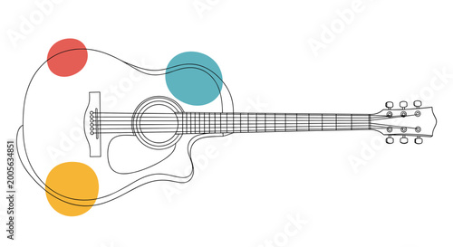 Artistic line drawing of an acoustic guitar featuring three colorful circles in red, blue, and yellow for a modern aesthetic.