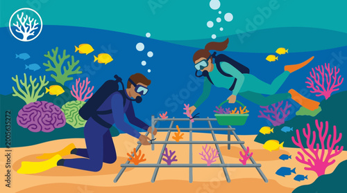 Scuba divers carefully planting colorful coral fragments onto a metal grid structure to help restore damaged reefs in the ocean
