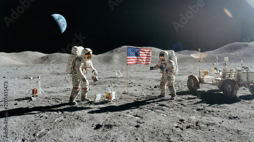 Astronauts planting us flag on lunar surface exploration