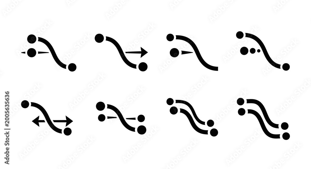 Fototapeta premium Set of abstract linear patterns with dots depicting data flow or signal transmission on an isolated white background.