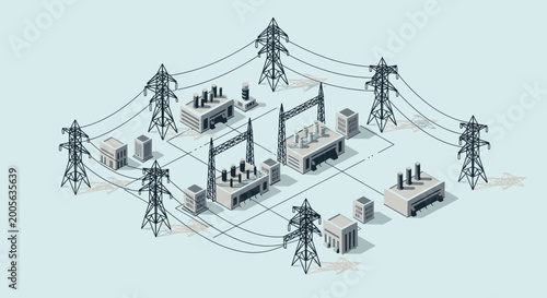 Tableau sur toile Isometric electrical power station with transmission lines and industrial buildings