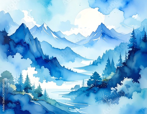 Serene blue watercolor mountains and misty valley landscape