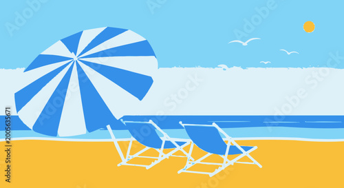 Fotografi Serene summer beach scene with blue umbrella and lounge chairs under a clear sky