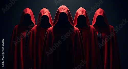 Five hooded figures standing together at night