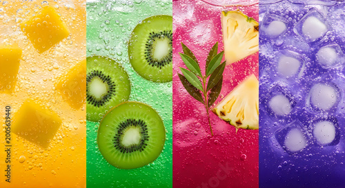 Collage of four refreshing fruit drinks with mango, kiwi, pineapple, and ice cubes in sparkling water