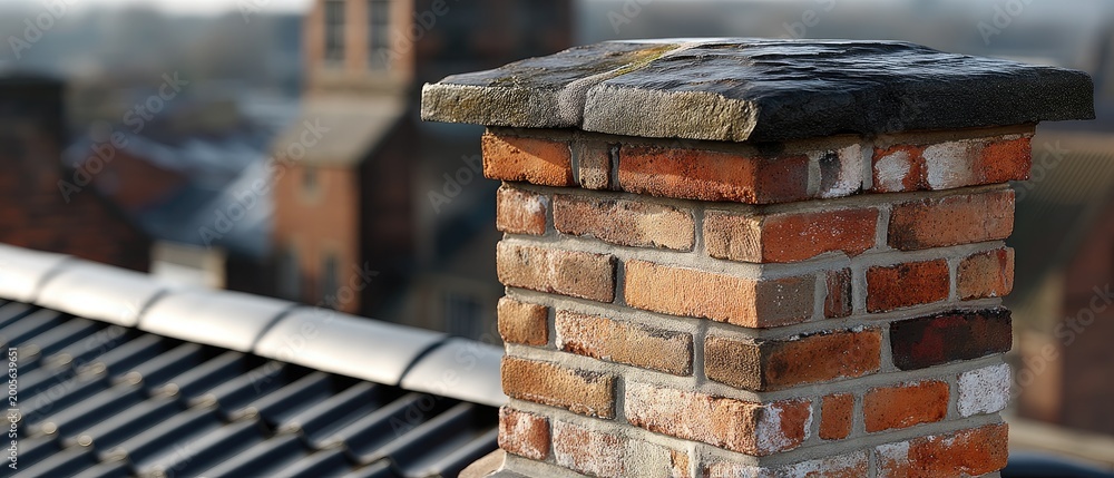Naklejka premium Weathered brick chimney against a blurred background of buildings and roof