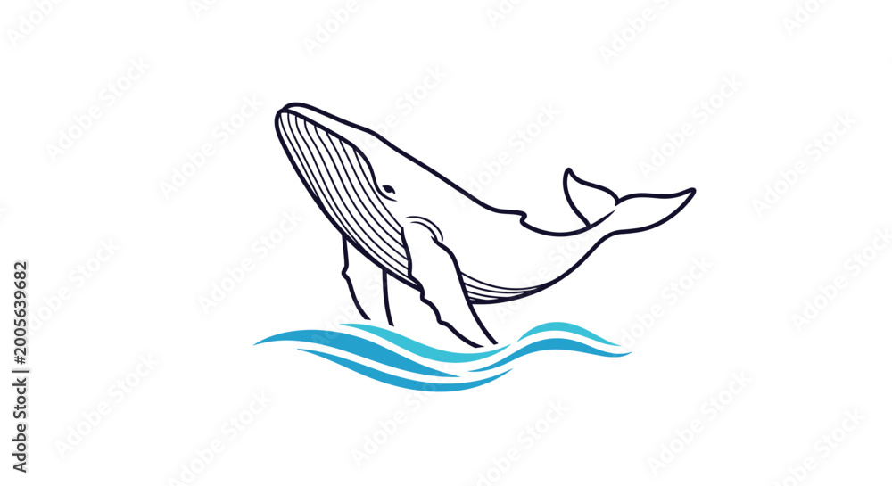 Obraz premium Giant blue whale is illustrated in a graceful jump out of the ocean waves with detailed line work capturing its massive size and movement.