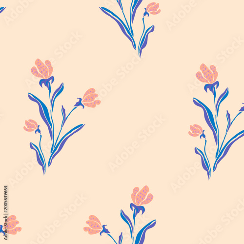 Seamless SVG Pattern: Peach and Navy Wildflowers on Cream Background