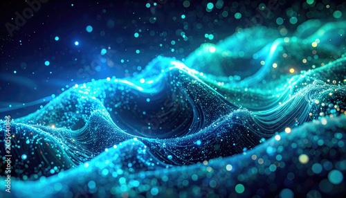 Ethereal Blue Waves with Glowing Particles in a Dark Background