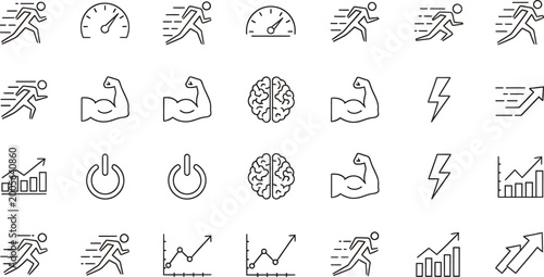 Photos Fitness performance and brainpower icon set with running figures speedometers gr