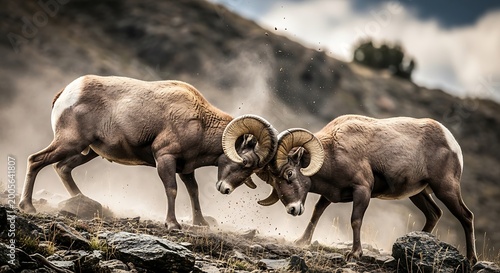 Obraz na płótnie Two rams locking horns in rugged terrain