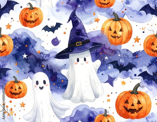 Whimsical Halloween pattern with ghosts, pumpkins, bats, stars