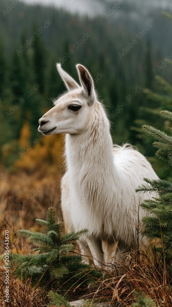 Fototapeta premium Llama stands in natural setting with trees and grass, showing its thick fur and sharp gaze in soft focus background with rich colors