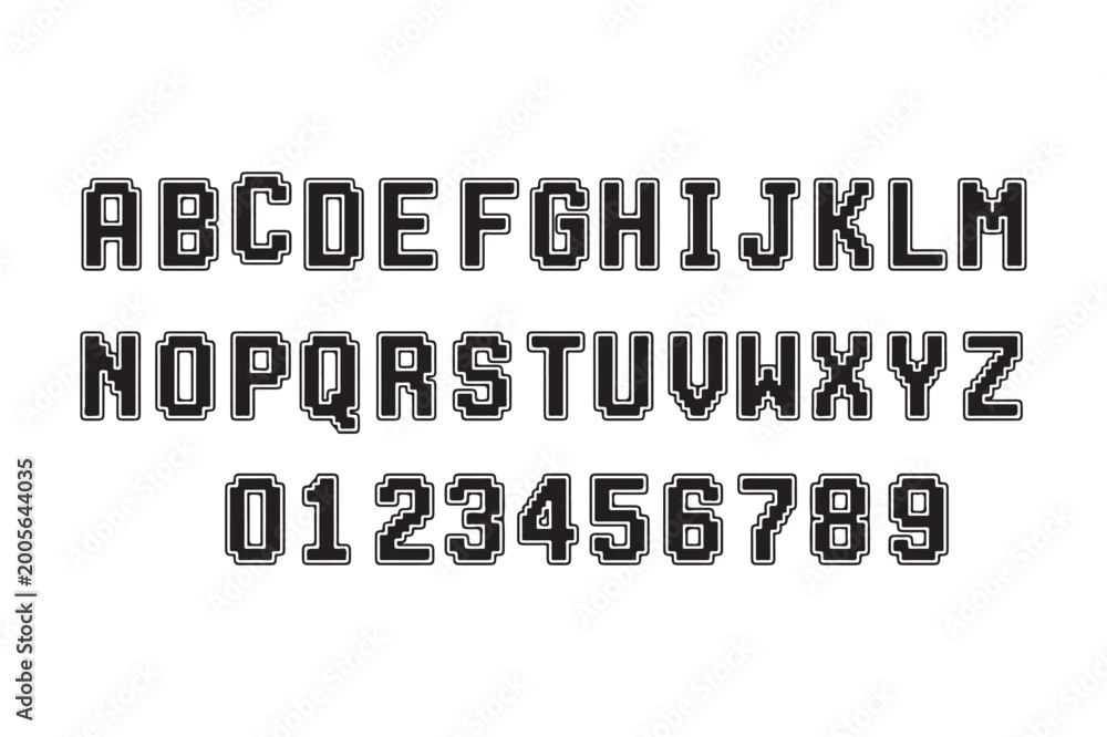 Obraz premium Pixel Outline Alphabet and Numbers Set — Retro Block Typeface Font for Gaming, Posters, UI & Digital Design