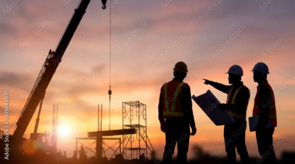 Fototapeta premium Silhouetted engineering team discussing blueprints and pointing at construction site during a golden sunset