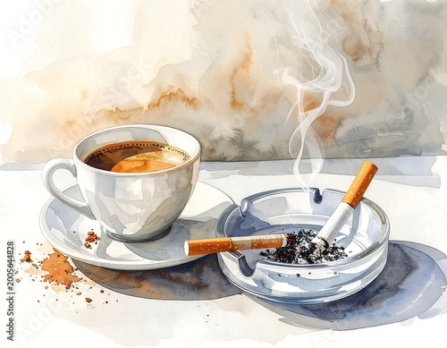 Still life of coffee and cigarettes in watercolor