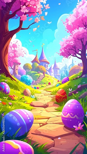 Whimsical spring scene with colorful Easter eggs and a castle