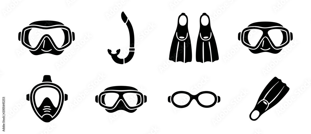 Obraz premium Snorkeling and scuba diving gear icons set for summer water sports, diving mask, fins, and snorkel equipment collection, isolated black vector silhouette symbols for swimming or ocean activity design.