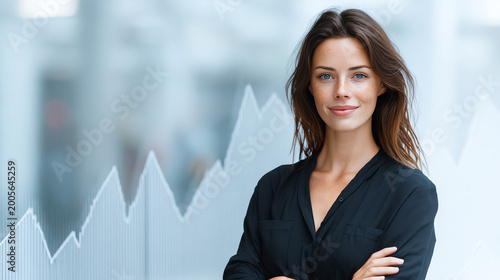 A confident businesswoman standing in a modern office with financial charts in the background, showcasing professionalism.