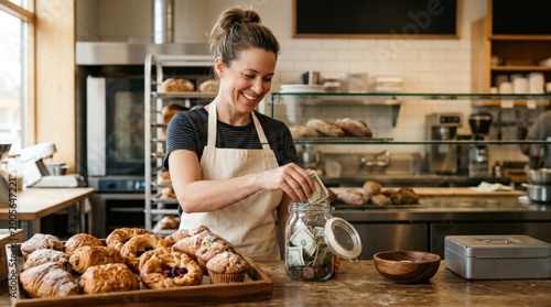 Bakery owner saving cash earnings in glass jar behind counter