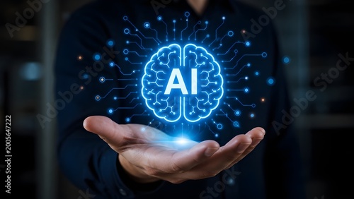Futuristic AI brain icon with glowing network connection and human hand