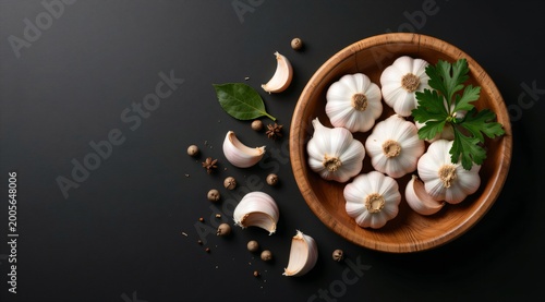 Fresh garlic cloves with herbs on dark background