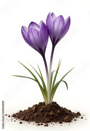 Delicate violet crocus flowers blooming from earth