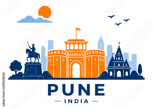 Chandigarh India skyline flat illustration with Open Hand Monument and city landmarks in minimal style