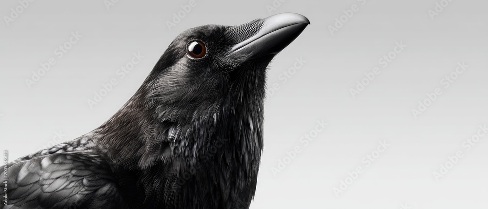 Fototapeta premium Striking black raven in profile view, showcasing its textured feathers and sharp features against a bright white background