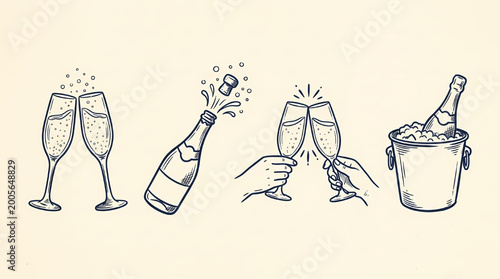 Champagne Celebration Line Art Vector Set, Toast Glasses Popping Bottle Ice Bucket Party Drink Illustration Collection