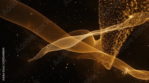 Golden Swirling Particles and Ribbons Abstract Background