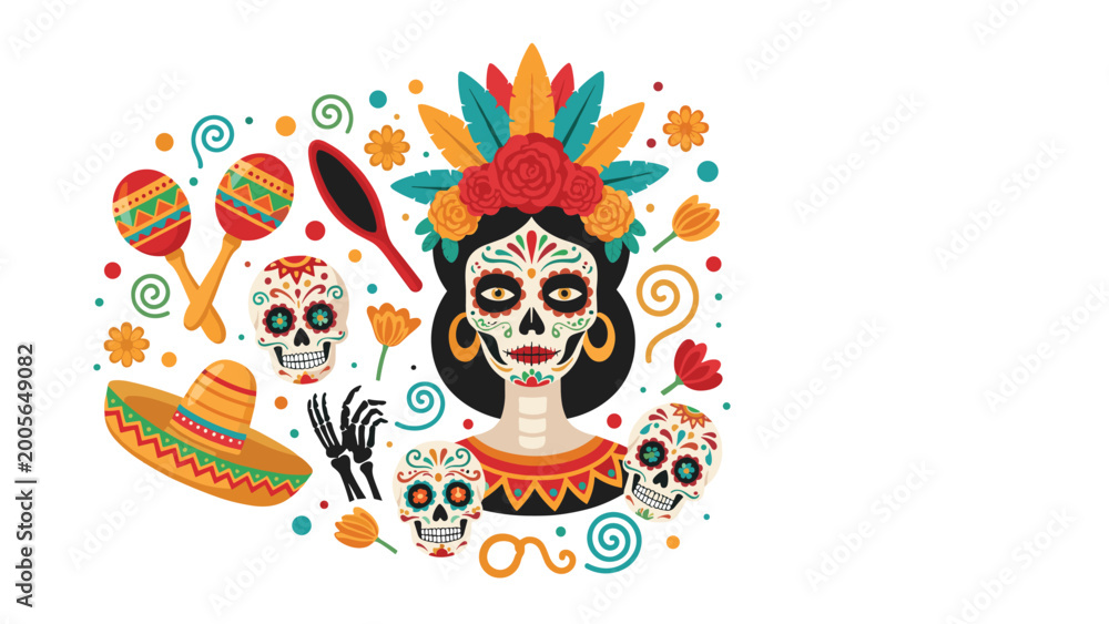 Fototapeta premium Day of the Dead celebration illustration features a woman with sugar skull makeup surrounded by maracas skulls and a sombrero for Mexican culture.