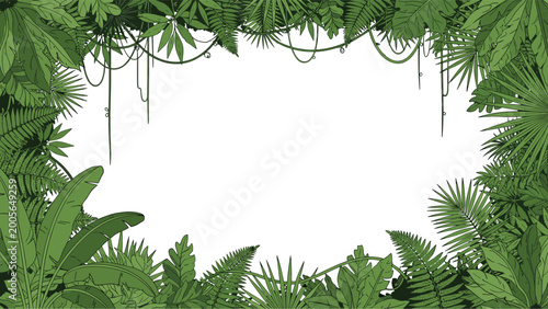 Dense frame made of tropical jungle leaves ferns and vines creates a natural lush border around a central white space for exotic theme designs.