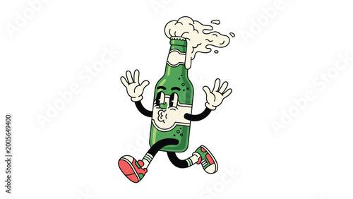 Funny vintage mascot of a green beer bottle character running with overflowing foam in retro rubber hose animation style.