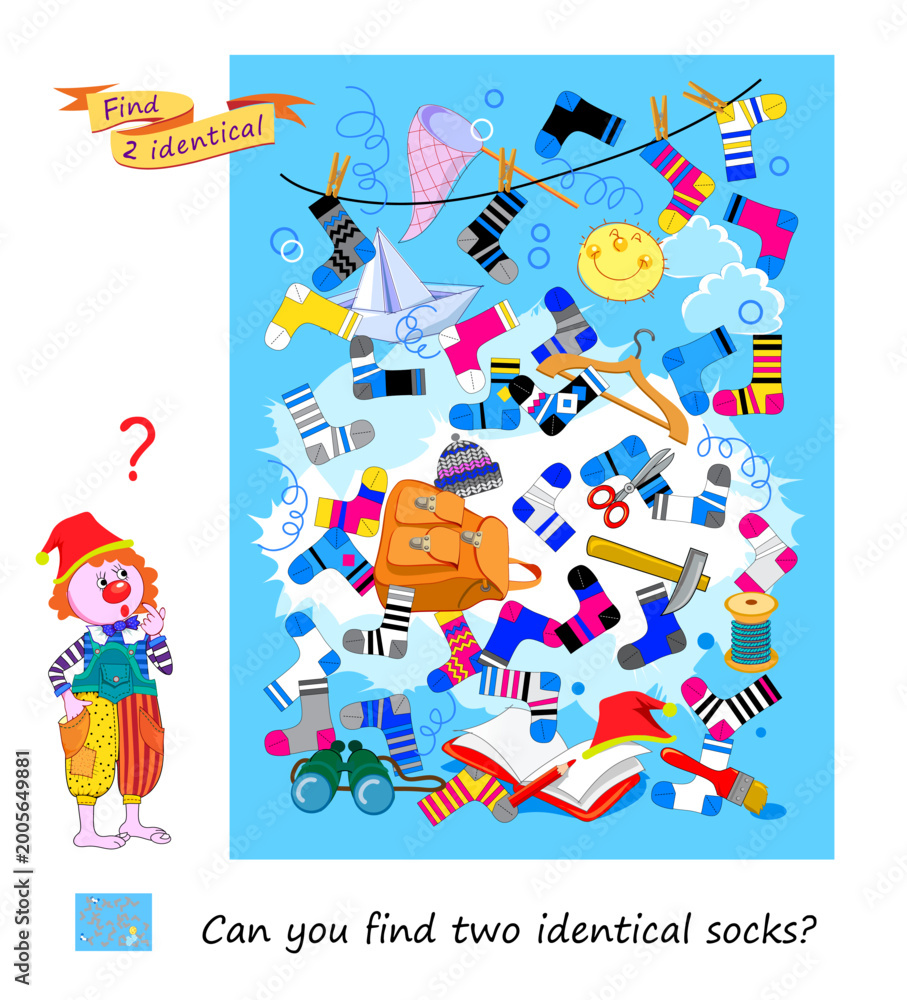 Fototapeta premium Can you find two identical socks? Hand drawn vector illustration. Logic puzzle for children and adults. Game Seek and Find. Page for kids brain teaser book. Task for the most attentive. IQ test.