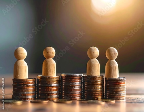 Wooden figures on stacked coins, symbolizing financial growth