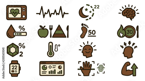Digital Health Monitoring Icon Set, 16 Flat Vector UI Icons for Biohacking, Wearable Tracking, Fitness and Wellness Dashboard