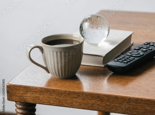 Coffee table with mug, book, and remote control in a living room setting

