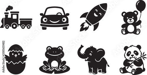Black icons set, cute animals and vehicles, vector graphics, 8 elements