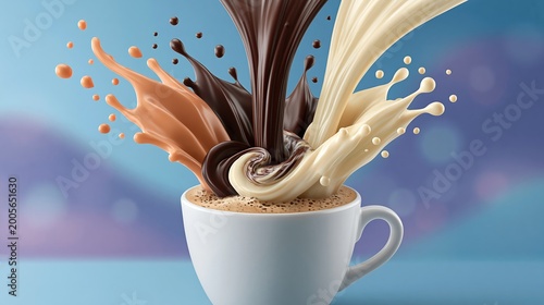 Coffee cup with splashes of chocolate, caramel, and cream swirling together, creating a dynamic visual effect against a soft blue background