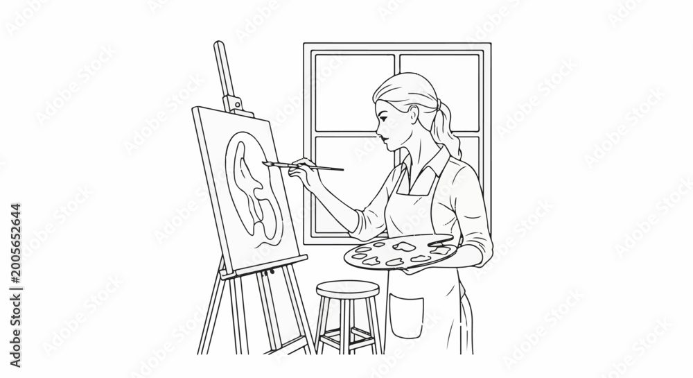 Fototapeta premium Woman artist paints ear on canvas at easel with palette and stool